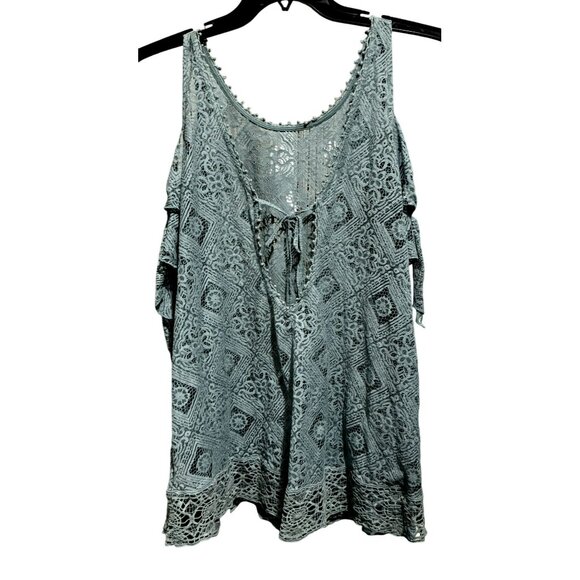 Free People Geo Sands Lagoon Green Crochet Lace Cold Shoulder Top BoHo Small NEW - Picture 6 of 8